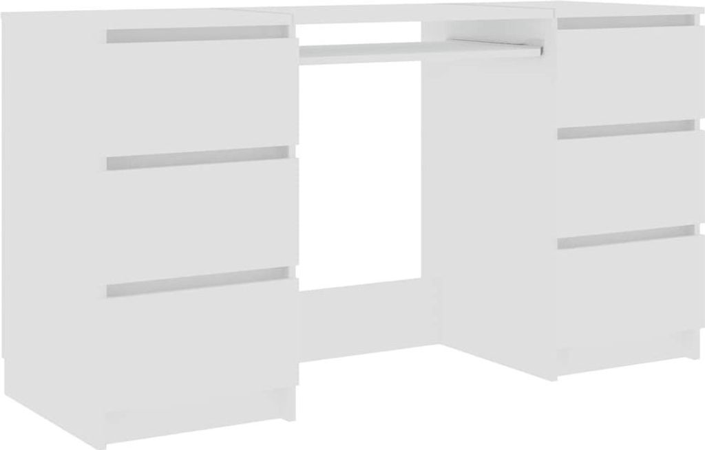 A white desk with drawers against a white background.