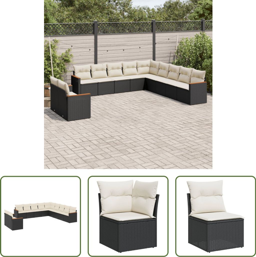 The Living Store 11-tlg. Garten-Sofagarnitur mit Kissen Schwarz Poly Rattan