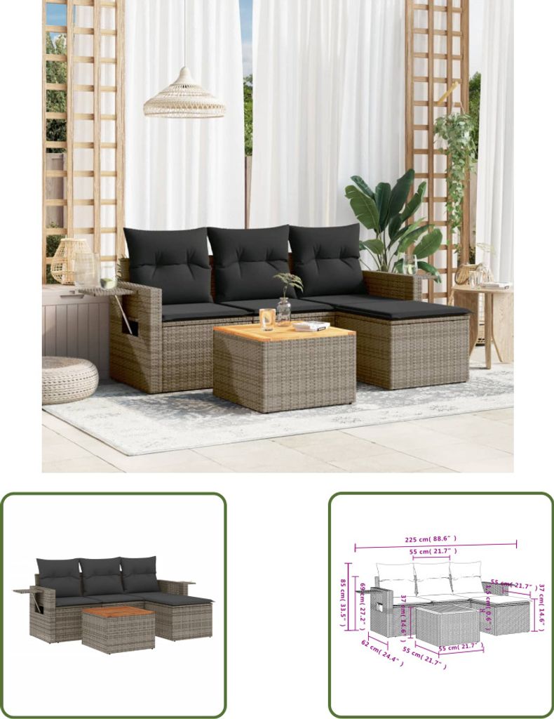 The Living Store 5-tlg. Garten-Sofagarnitur mit Kissen Grau Poly Rattan