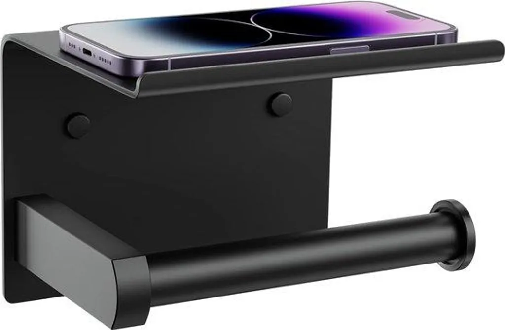 Porte-rouleau WC inox noir mat avec étagère smartphone anti-chute