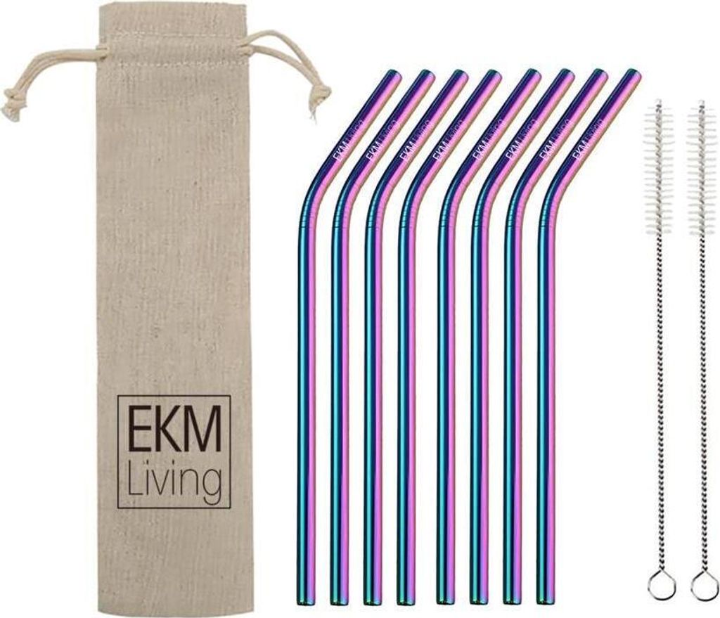 EKM Living Edelstahl Strohhalme 8er Set Rainbow gebogen GmbH, Trinkhalme, bruchfest, wiederverwendbar, spülmaschinengeeignet, plastikfrei (Rainbow...