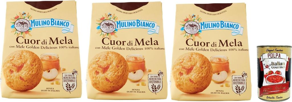 Mulino Bianco Cuor di Mela Biscotti con Mele 100% Italiane, Kekse mit 100% italienischen Äpfeln, cookies biscuits 3x 300 g + Italian Gourmet polpa...