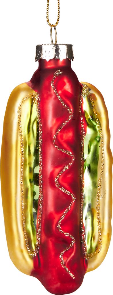 A glass ornament shaped like a hot dog with ketchup and mustard.