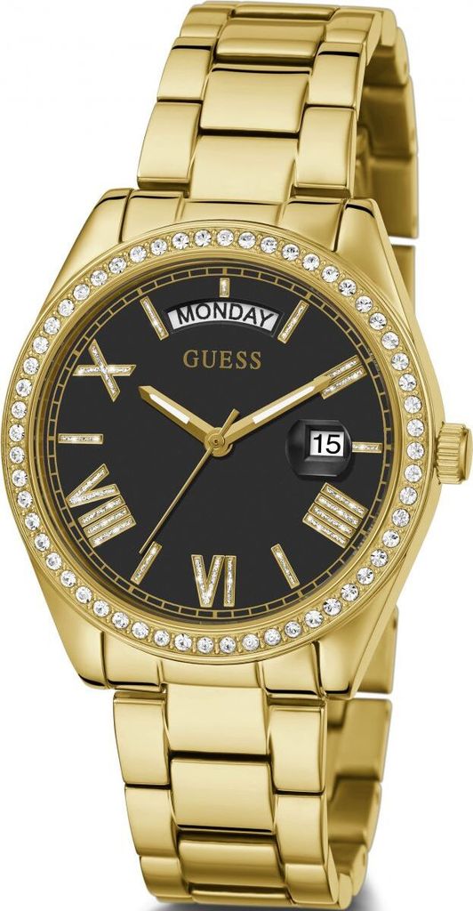 A close-up studio shot of a gold-colored Guess watch with a black dial.