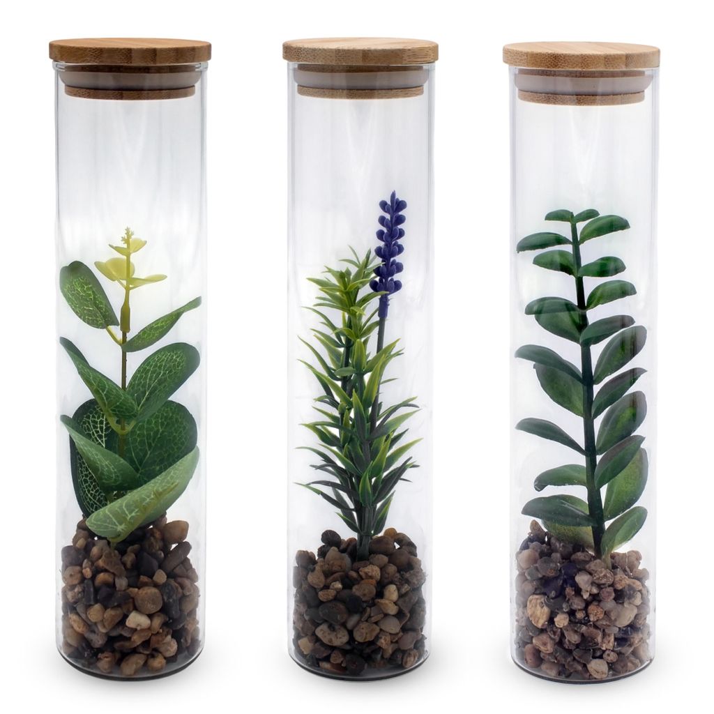 Kunstpflanze im Glas - 3er Set - dekorative Vase 20 cm mit Holz Deckel