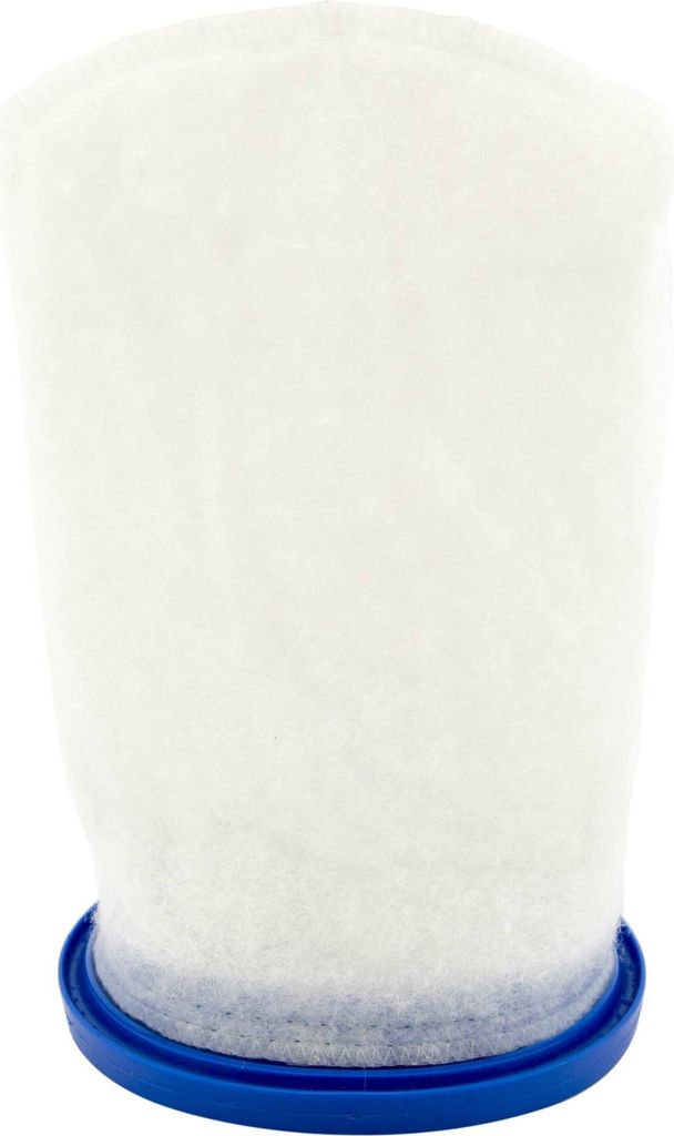 A white filter bag with a blue rim, isolated on a white background.