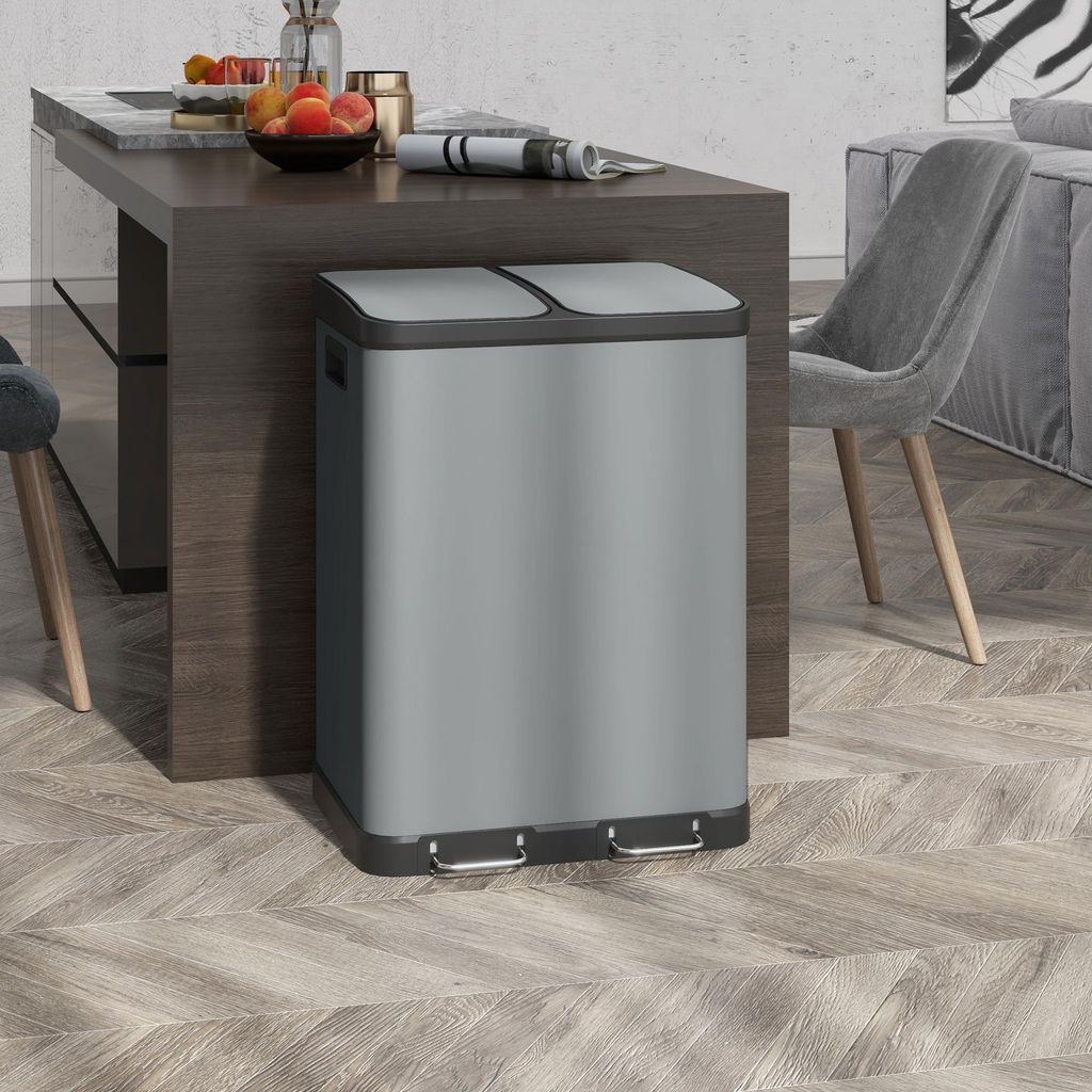 Mülleimer 2 Fächer 2x30L, Doppelfach-Mülleimer Mülltrennung, Treteimer Softclose fingerabdruckresistent, Grau | 48,8 x 39,5 x 67 cm | Metall | 60L