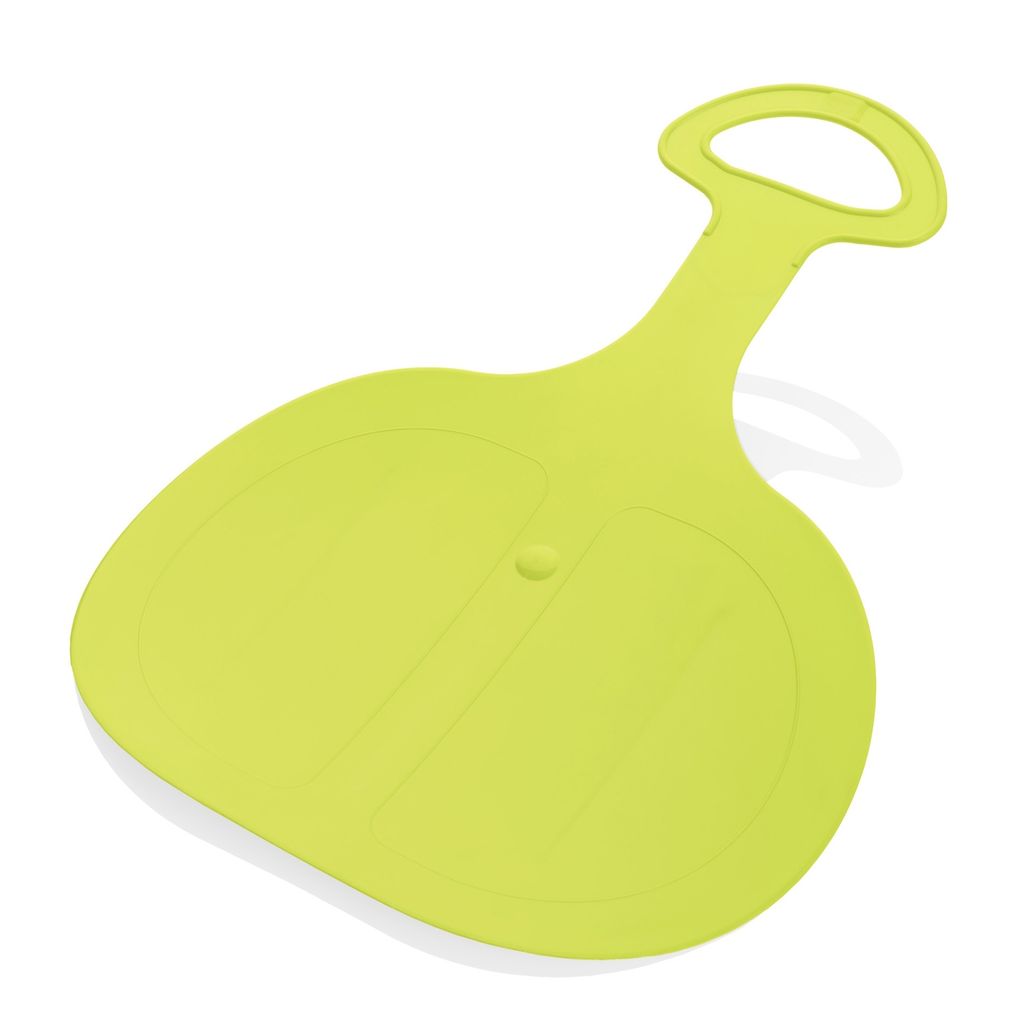 A single lime green sledding disc is shown against a white background.