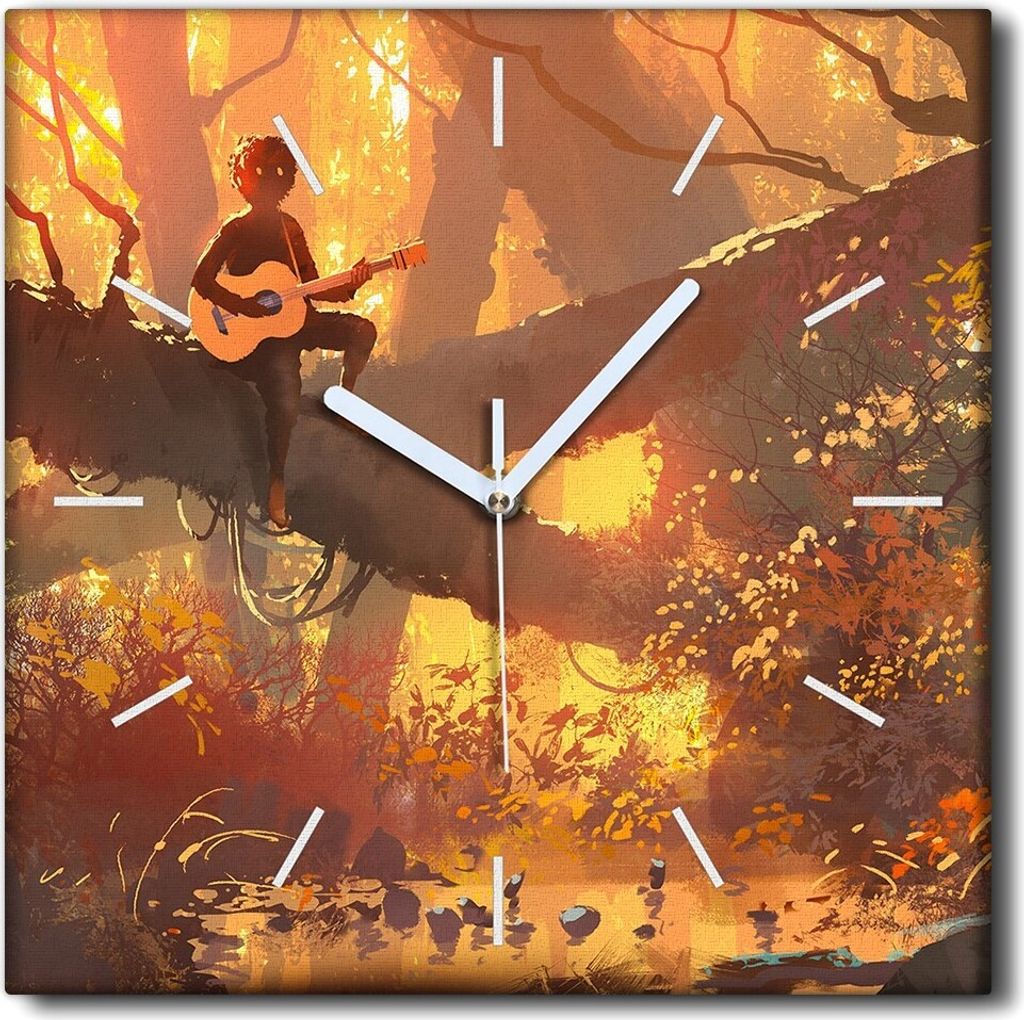 Coloray Uhr auf Leinwand 30x30 cm Wand Uhr Dekoration Wohnzimmer Segeltuch weiße Zeiger -Herbstbaumgitarre.