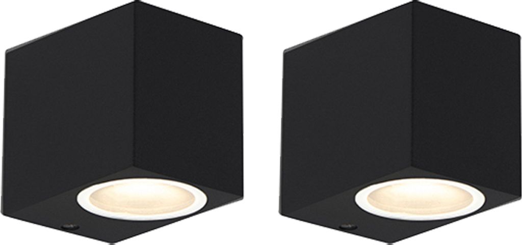 Two black outdoor wall lights shown from a low angle against a white background.
