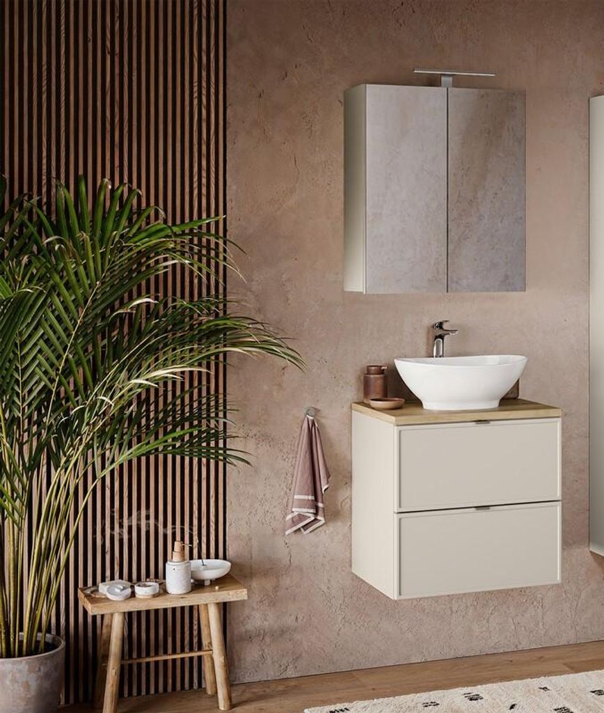 Design Badmöbel Set mit Waschbecken BELLA CASHMERE 60 cm MDF SOFT-CLOSE LED Waschtisch Spiegelschrank LED