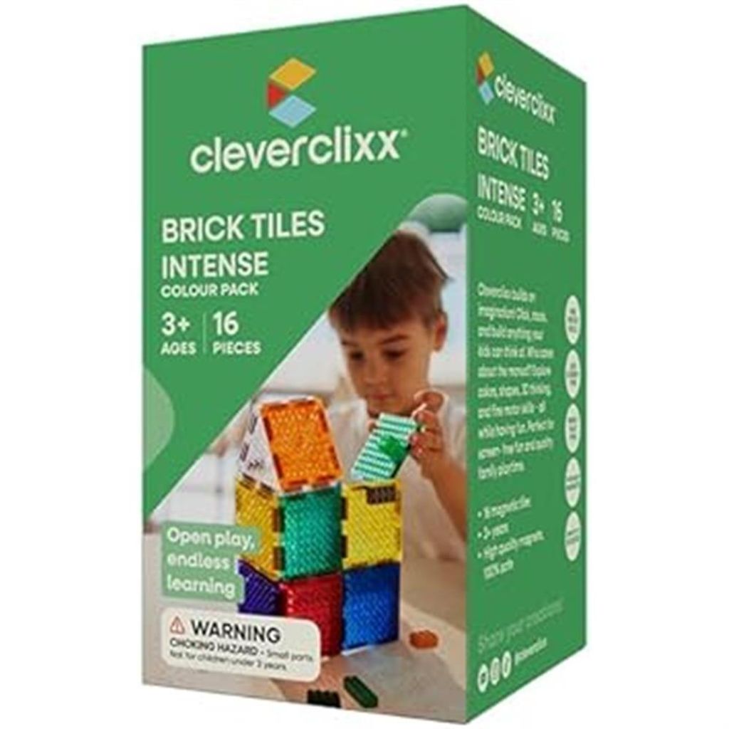 A green box of Cleverclixx Brick Tiles Intense Colour Pack with a child playing with the tiles in the background.