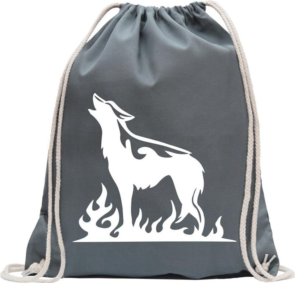 Kiwistar - Turnbeutel - stahlgrau - Flammenwolf - Fun Rucksack Sport Beutel Gymsack Baumwolle mit Ziehgurt