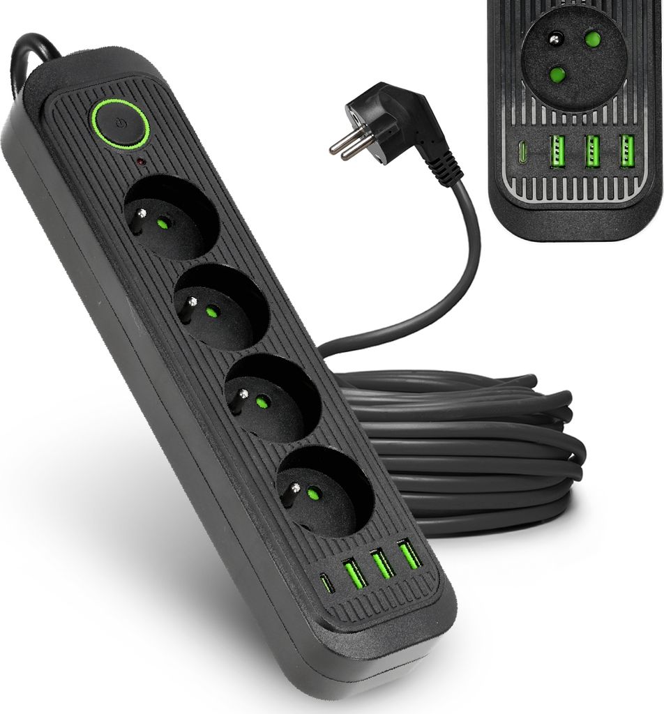 Przedłużacz 4 gniazda 5m LISTWA ZASILAJĄCA czarny + 4x USB Zdjęcie produktu 
