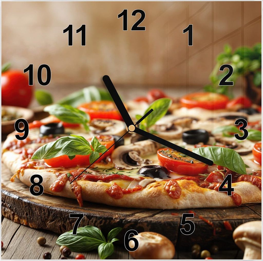 Wanduhr aus Glas mit Motiv Pizza im Holzofen- 30 x 30 cm - inkl. Aufhängesystem