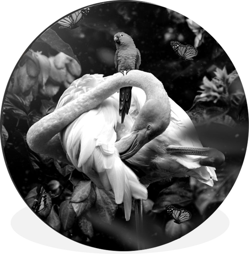 MuchoWow Aluminium Wandkreis Flamingo - Schmetterlinge - Dschungel - Schwarz - Weiß Ø 90 cm Wanddeko Modern Wohnzimmer - Mauerkreis - Wandbilde...