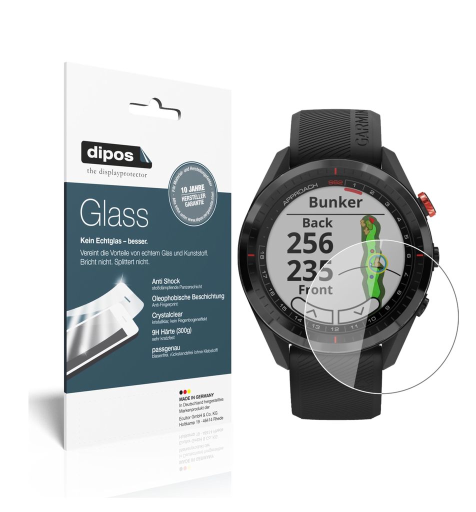 1x Schutzfolie für Garmin Approach S62 - Anti-Shock 9H Folie dipos Glass Kunststoffglas