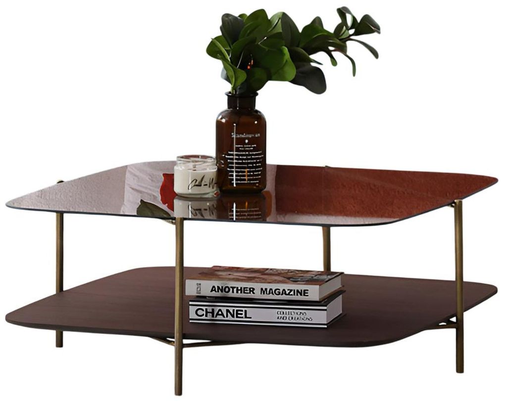 Moderne Braun Couchtisch mit Glasplatte und Holzregal Goldrahmen Möbel