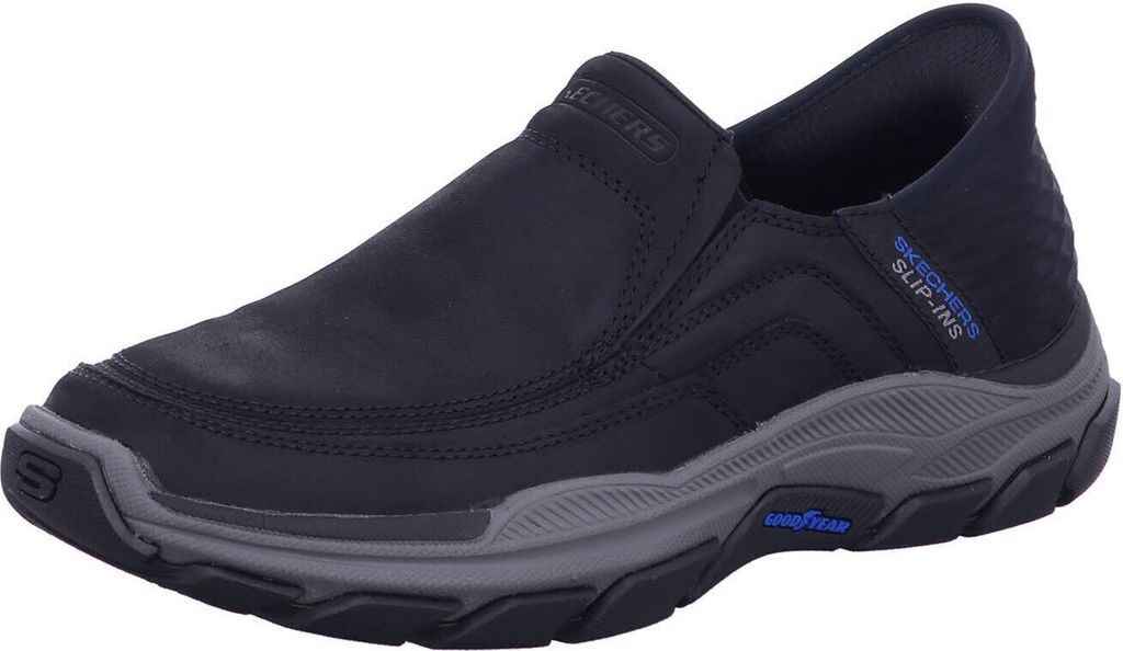 A single black Skechers slip-on shoe is shown against a white background.
