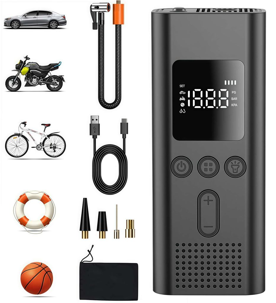 Elektrische Luftpumpe, Tragbarer 150PSI Luftpumpe mit 4000-mAh-Akku, elektrischer Luftkompressor, Mini Kompressor für Fahrrad/Auto