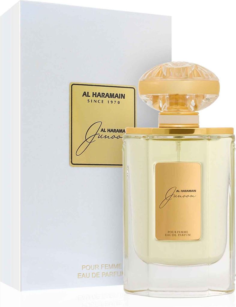 A bottle of Al Haramain Junoon Eau de Parfum for women and its packaging are displayed on a white background.