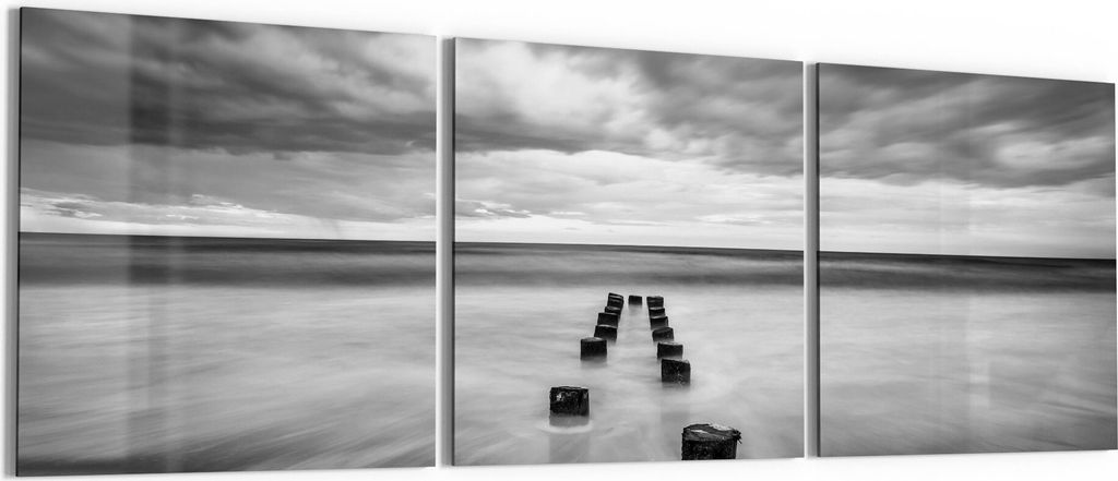 DEQORI Glasbild Echtglas 3x50x50 cm 'Wellenbrecher im Meer' Wandbilder XXL groß