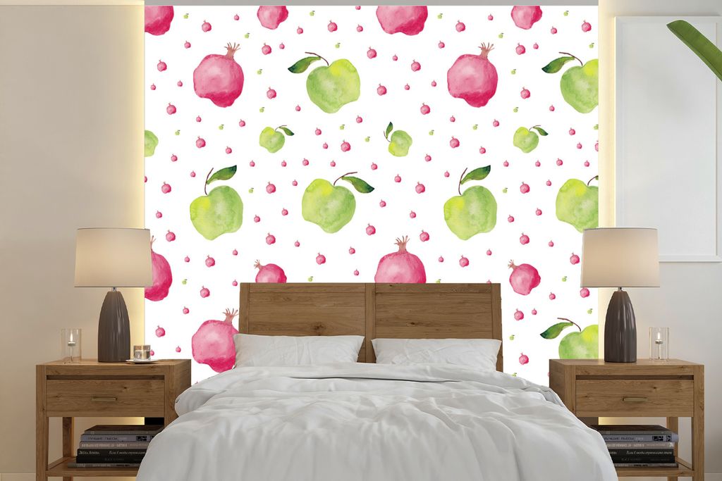 MuchoWow Fototapete für Wohnzimmer oder Schlafzimmer Wandtapete Vinyl Motivtapete Apfel - Granatapfel - Aquarell - Schablonen - 300x300 cm - Wan...