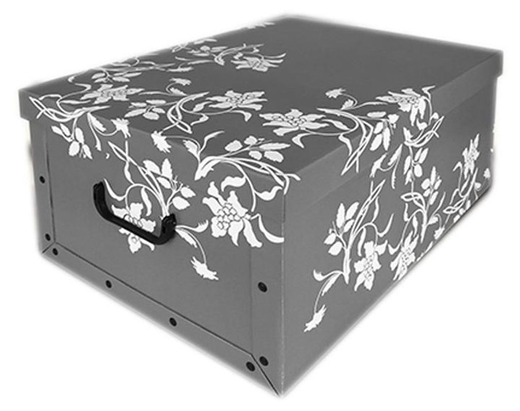 Aufbewahrungsbox - grau mit weisen Blumen - 49 l - 53 x 39 x 24 cm