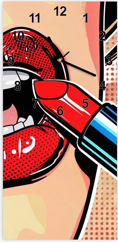 Wanduhr aus Glas mit Motiv Lippenstift Kunst- 30 x 60 cm - inkl. Aufhängesystem