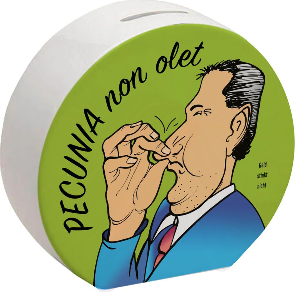 Pecunia non olet Spardose in Grün zum Thema Geld