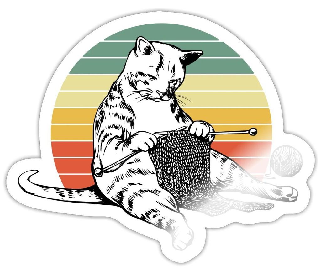 Spreadshirt Strickende Katze | Retro Katze Mit Wolle Sticker Aufkleber, 10 x 10 cm, Weiß glänzend