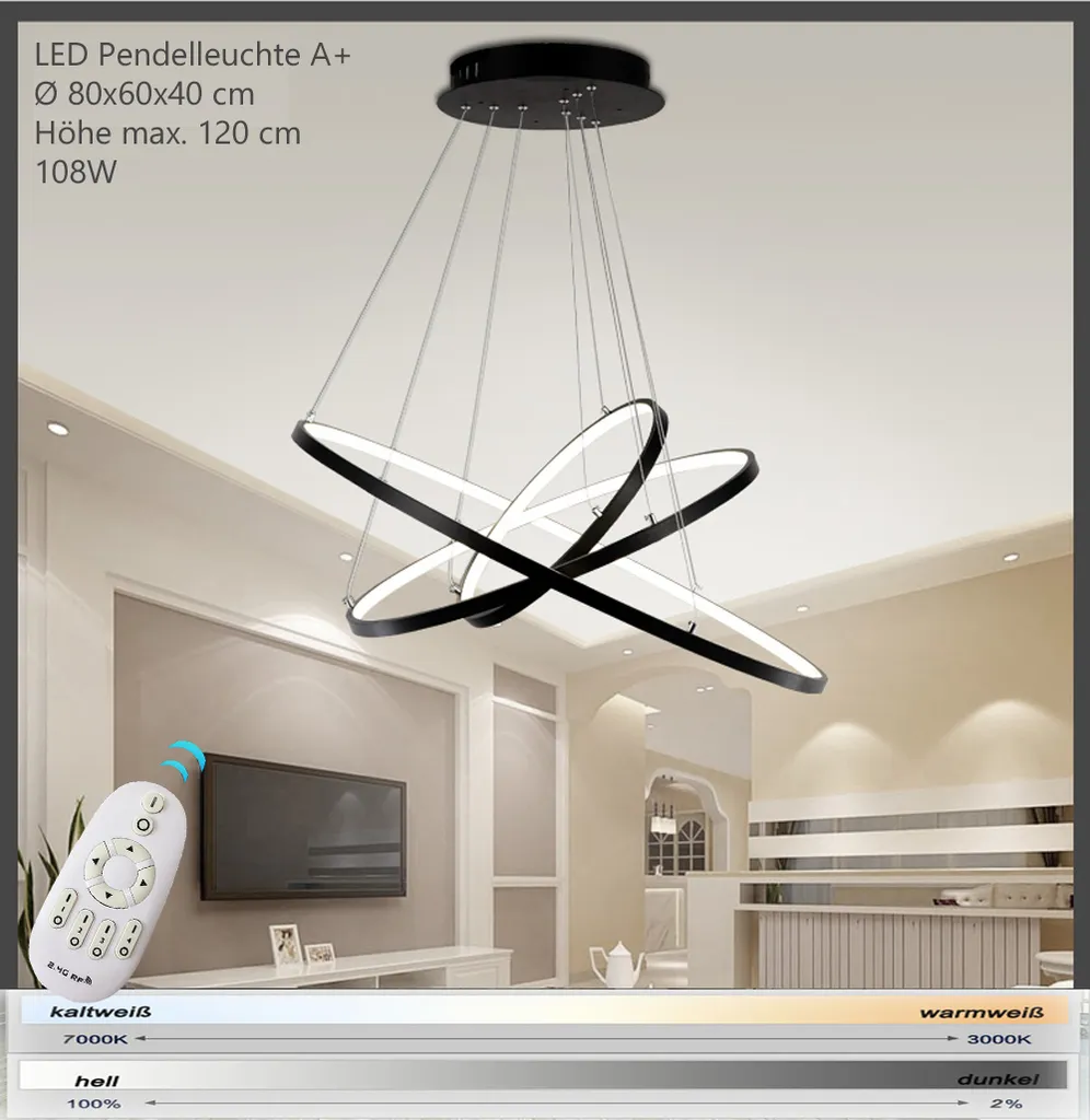 Lampada Sospensione LED 3 Anelli 108W Nera Dimmerabile 80cm Telecomando - 2