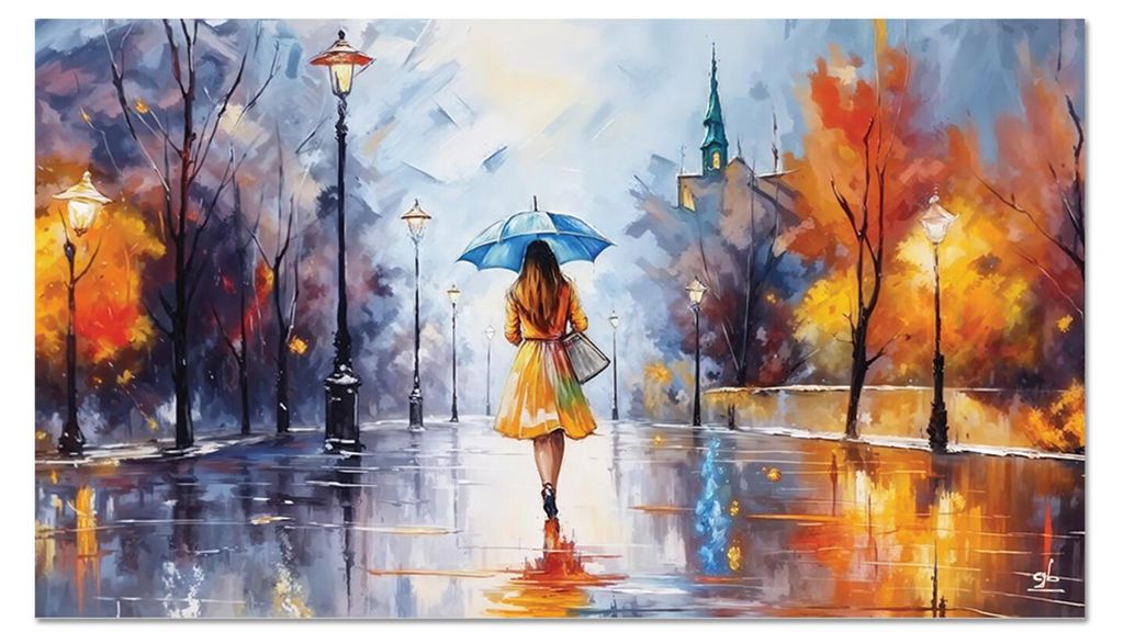 Giallobus - 64 - Mädchen geht im Regen - Giallobus - 100L x 60B cm - Bild - Acrylglas