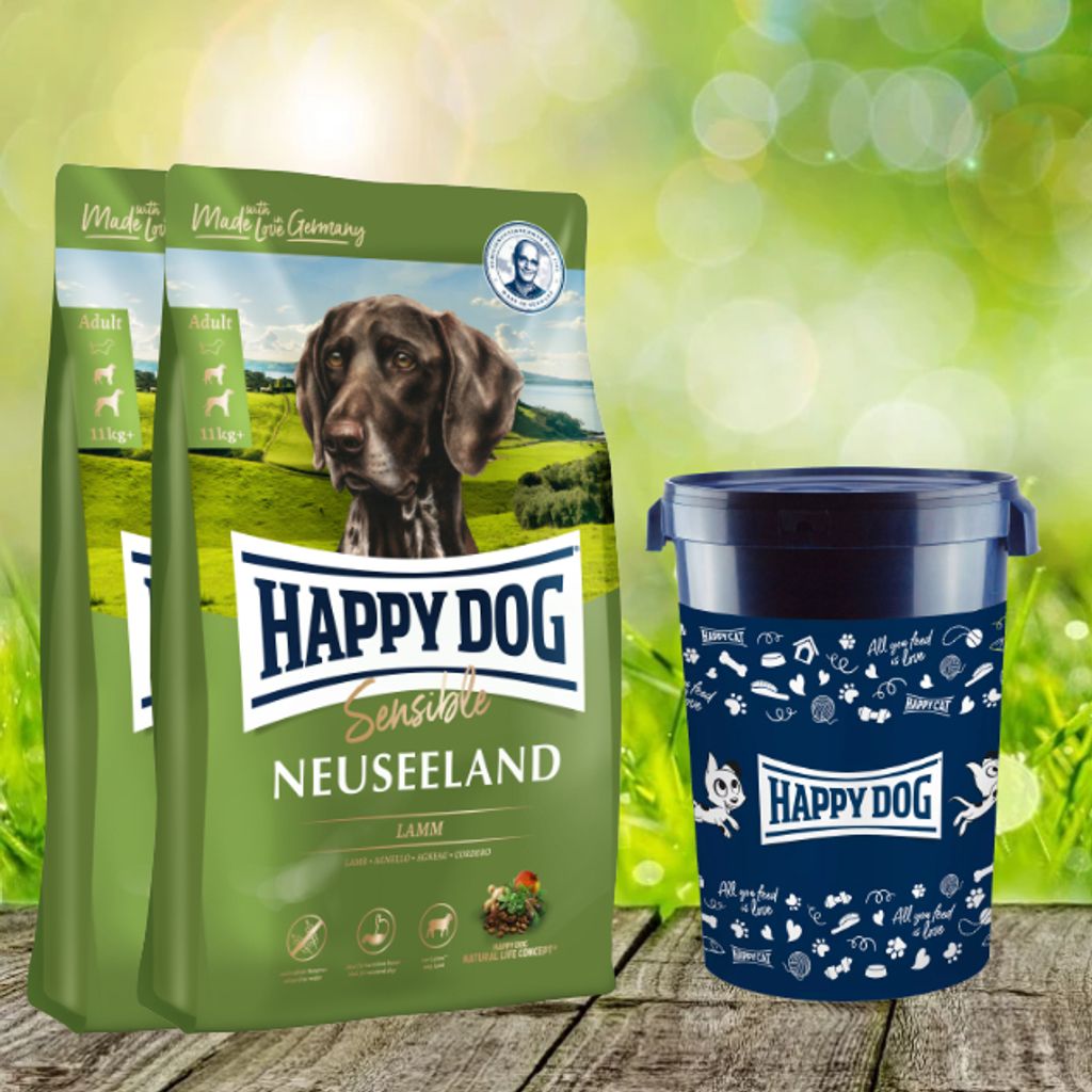 Happy Dog Sensible Neuseeland 2 x 12,5 kg + Happy Dog Futtertonne 43 Liter geschenkt