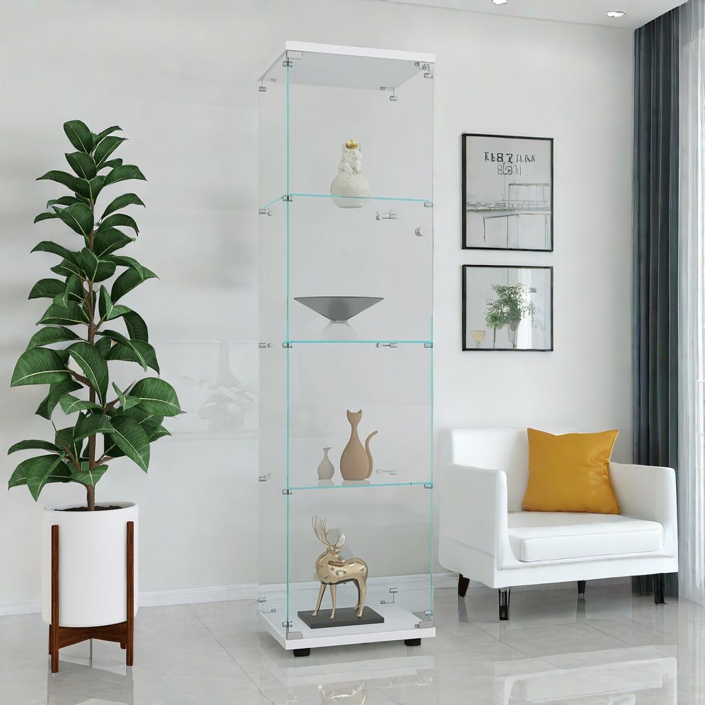 ProximaX Glassvitrine mit 4 Regalen und Tür, Standvitrine für Wohnzimmer, Schlafzimmer und Büro, 64.56” x 16.73”x 14.37”, Weiß