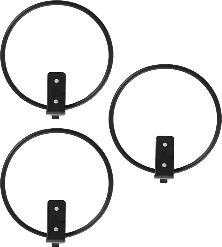 Three black metal plant pot holders are arranged in a triangular formation against a white background.