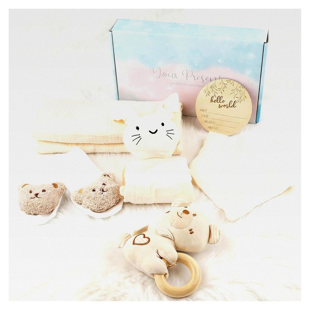 6-in-1 Neugeborenen Geschenkset für Mädchen und Jungen - Baby Geschenk zur Geburt, neutrale Baby Shower Geschenkbox mit Musselintüchern, Lätzch...