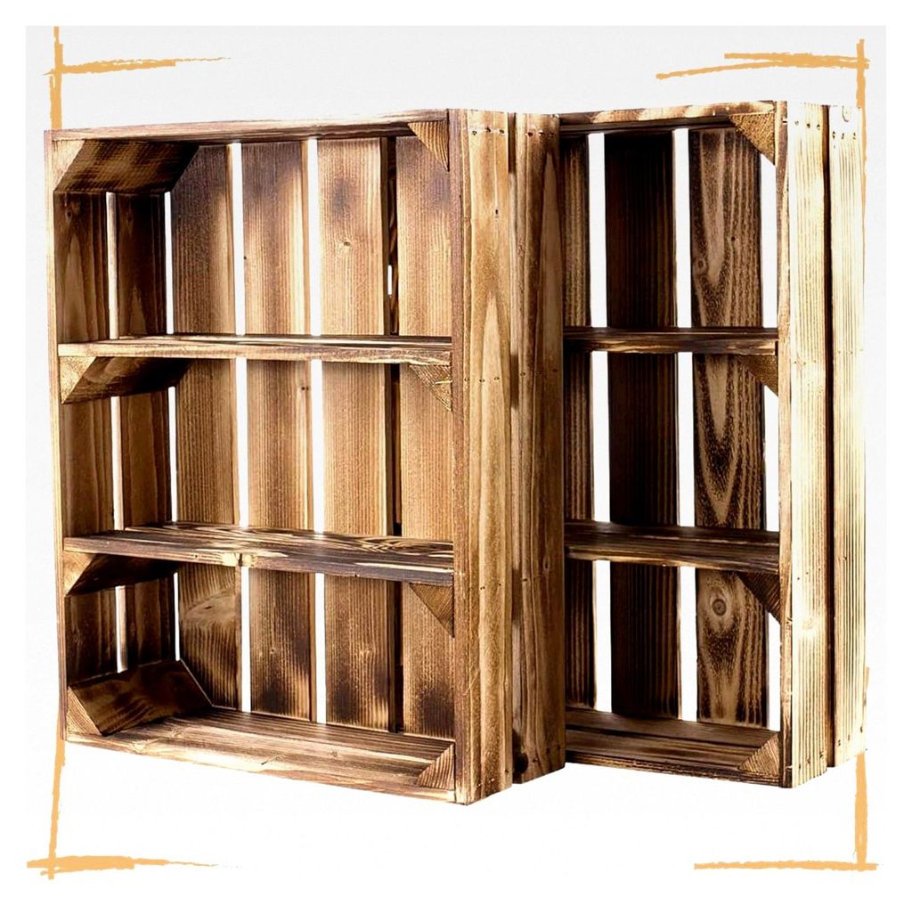 2 flache Regalkisten mit 3 Fächern flambiert - Holzkiste als Wandregal, Küchenregal, Badregal, Gewürzregal, Kistenregal, Obstkistenregal - rusti...