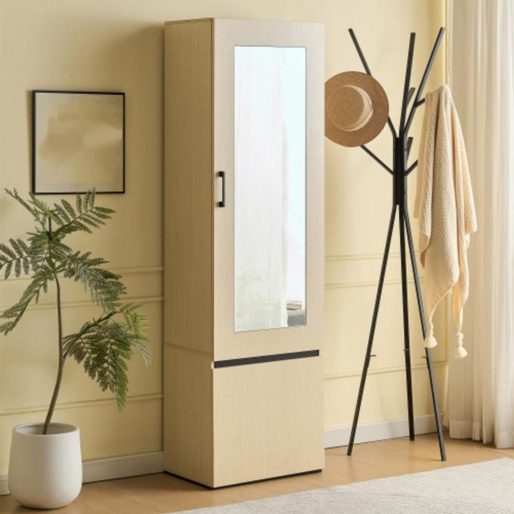 Garderobenschrank mit Spiegel und ausziehbarer Kleiderstange, Flurschrank,Kleiderschrank, platzsparender Garderobenschrank