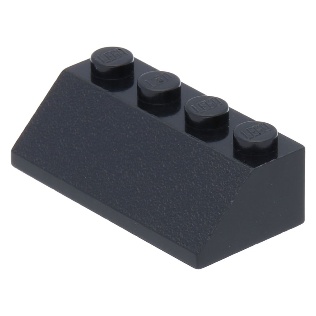 A single black LEGO brick with a sloped top and four studs.