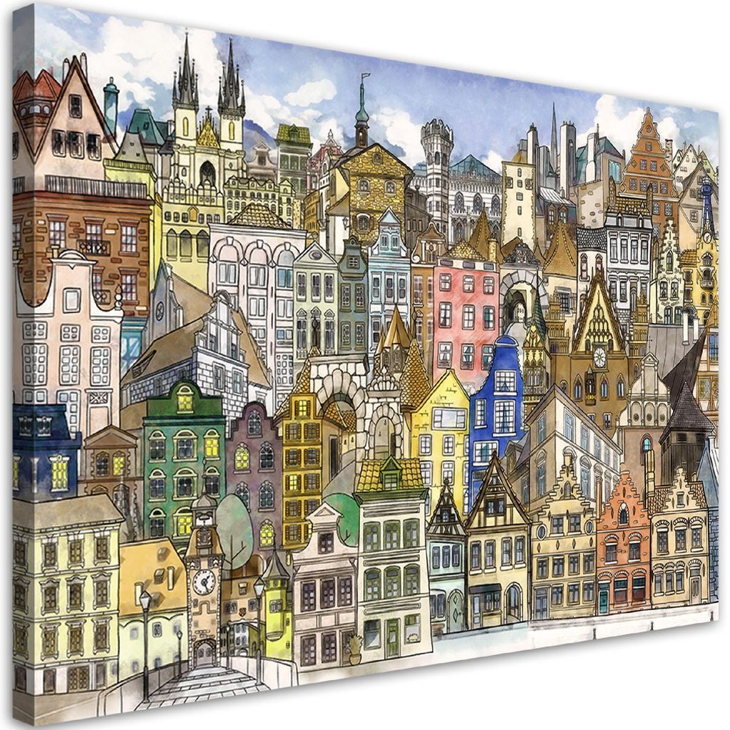 Leinwandbild fröhliche stadt 100x70 cm Feeby farbe wandbild bereit zum aufhängen
