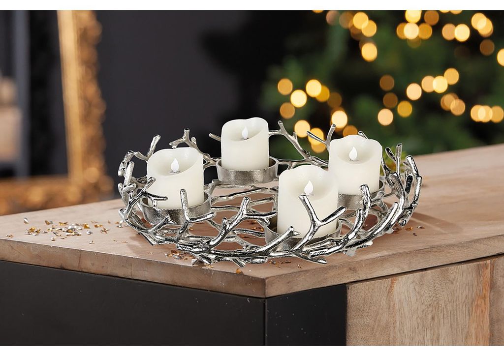 Gilde Adventsleuchter, rund, "Twigs", Aluminium, silberfarben, VE 1, H. 12 cm, D. 42 cm 43205 4001250432050