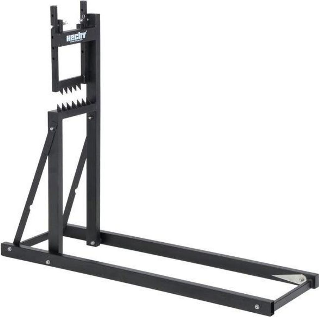 A black metal log cutting stand is shown against a white background.