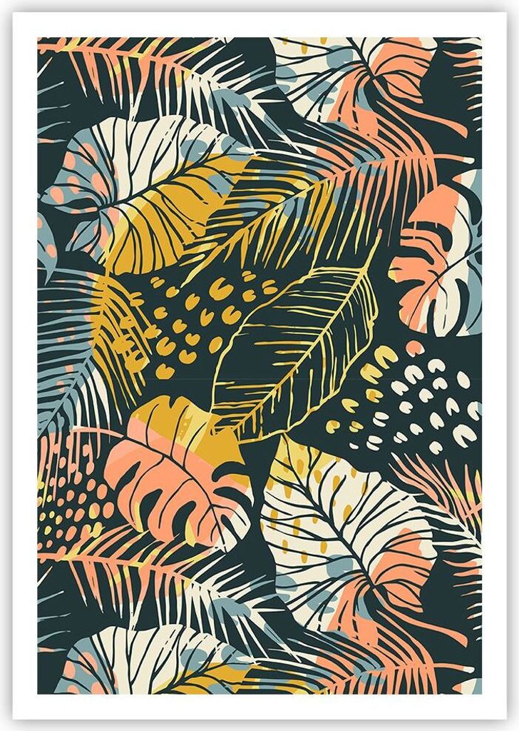 Poster - Poster ohne Rahmen - Blätter modern bunt - 70x100 cm - Wand Bild - Wanddeko - Wandbilder - Kunstposter - Wandposter - Bilder - Kunstdruck...