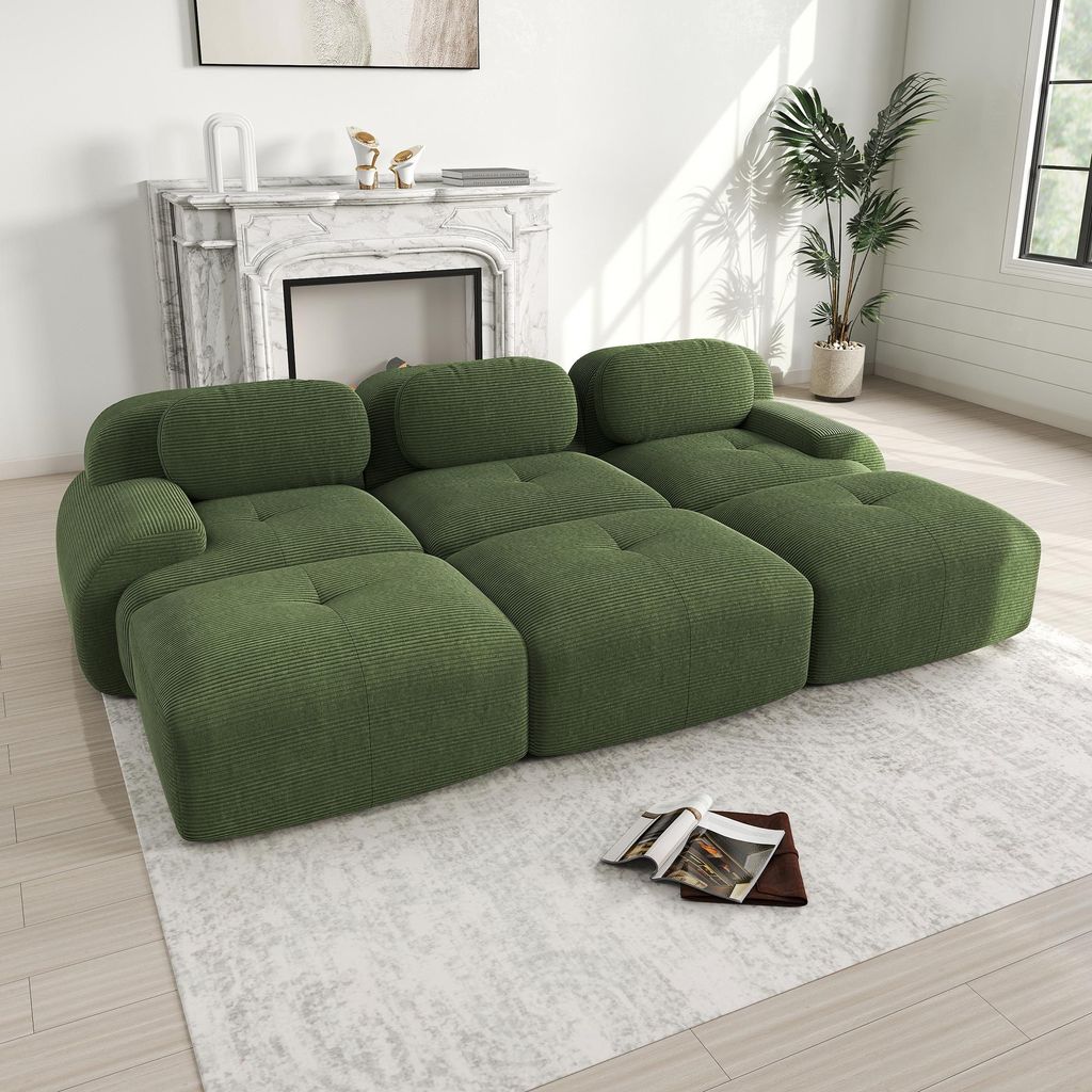 Rahmenloses Sofa, Modulares 3-Sitzer-Sofa mit 3 Hockern aus Cord, 32D-Sitzfläche, Polstergarnitur für das Wohnzimmer, keine Montage erforderlich