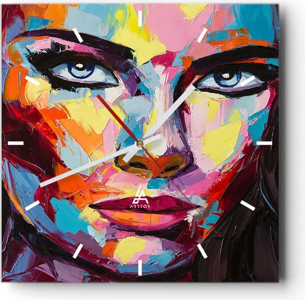 Wanduhr - Quadrat - Glasuhr - Mädchen Gesicht - 40x40cm - Schleichendes Uhrwerk - Lautlos - zum Aufhängen bereit - Dekoration Modern - Wanddekora...