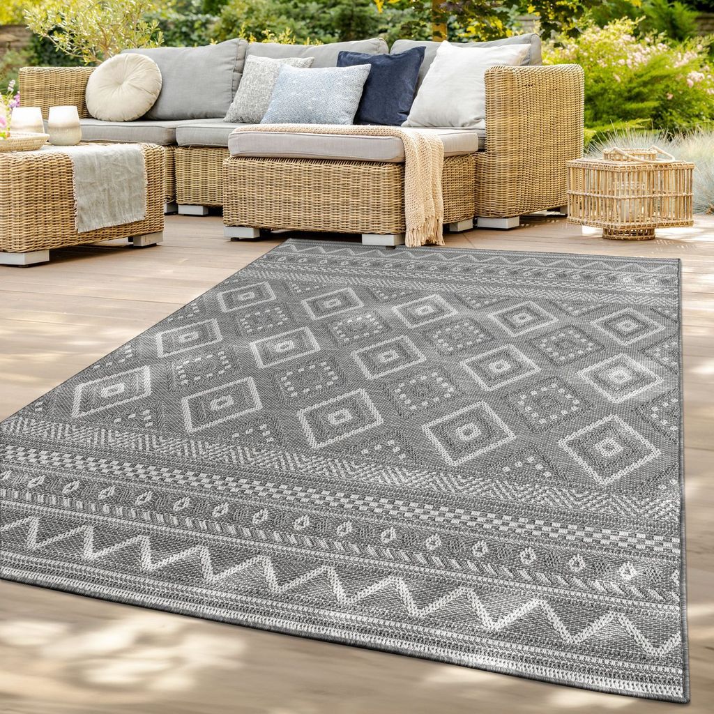 TT Home In-& Outdoor Teppich Wetterfest Balkon Küche Wohnzimmer Boho Rauten Design Größe 80 cm Rund