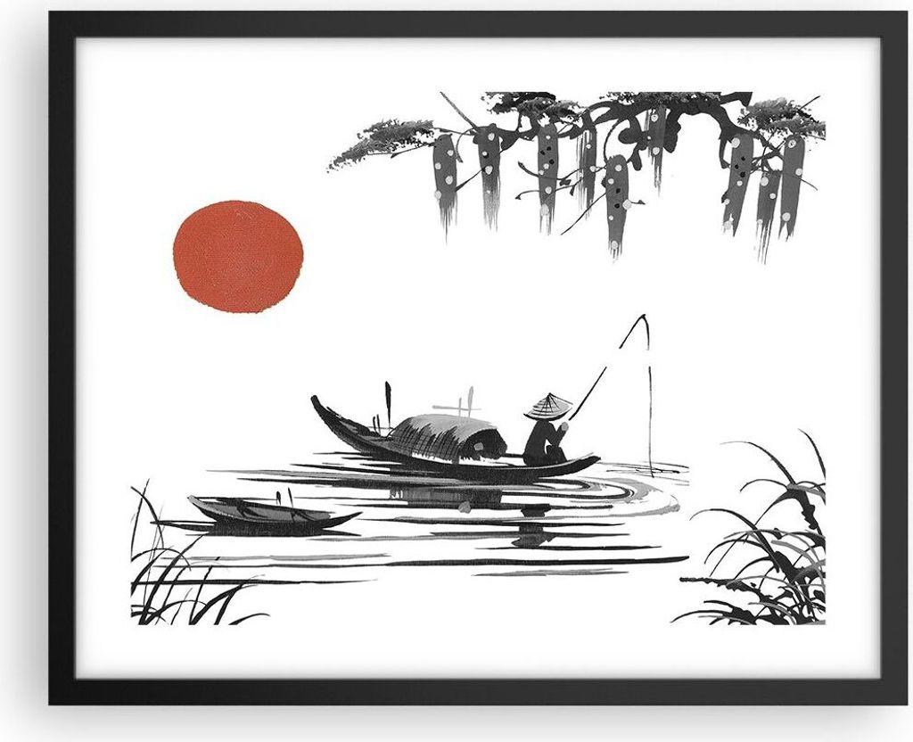 Gerahmtes Poster - Schwarzer Rahmen - China Angler Zeichnen - 50x40 cm - Wand Bild - Wanddeko - Wandbilder - Kunstposter - Wandposter - Bilderrahme...