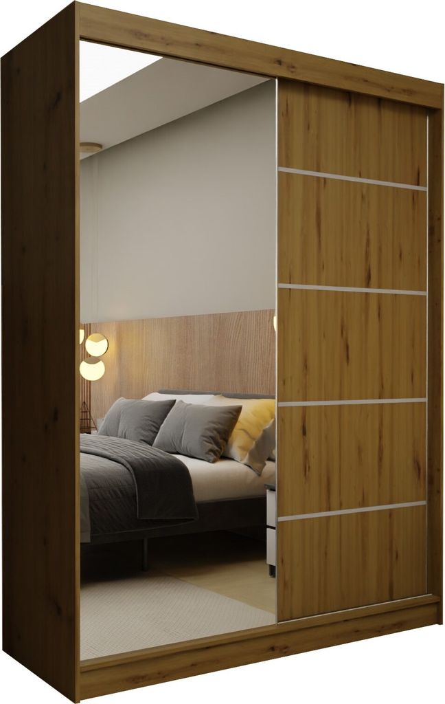 Masseno Schiebetürenschrank MIRELLA 150 cm Kleiderschrank Schlafzimmer Schrank 2-türig mit Spiegel Eiche Artisan