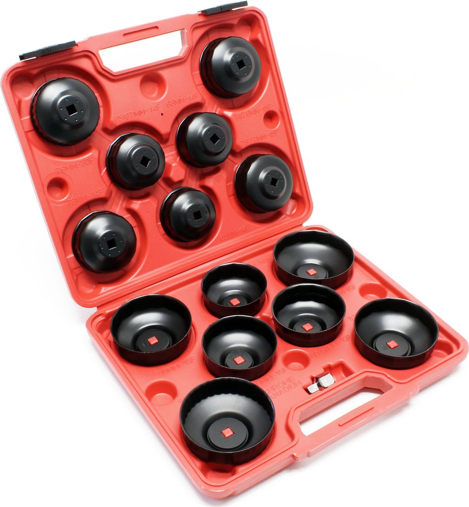 Wiltec Ölfilterkappen Set 14-teilig, Ölfilterschlüssel 65-100 mm, 10 mm Aufnahme, plus Adapter im Werkzeugkoffer, Ölwechsel Werkzeug aus Stahl